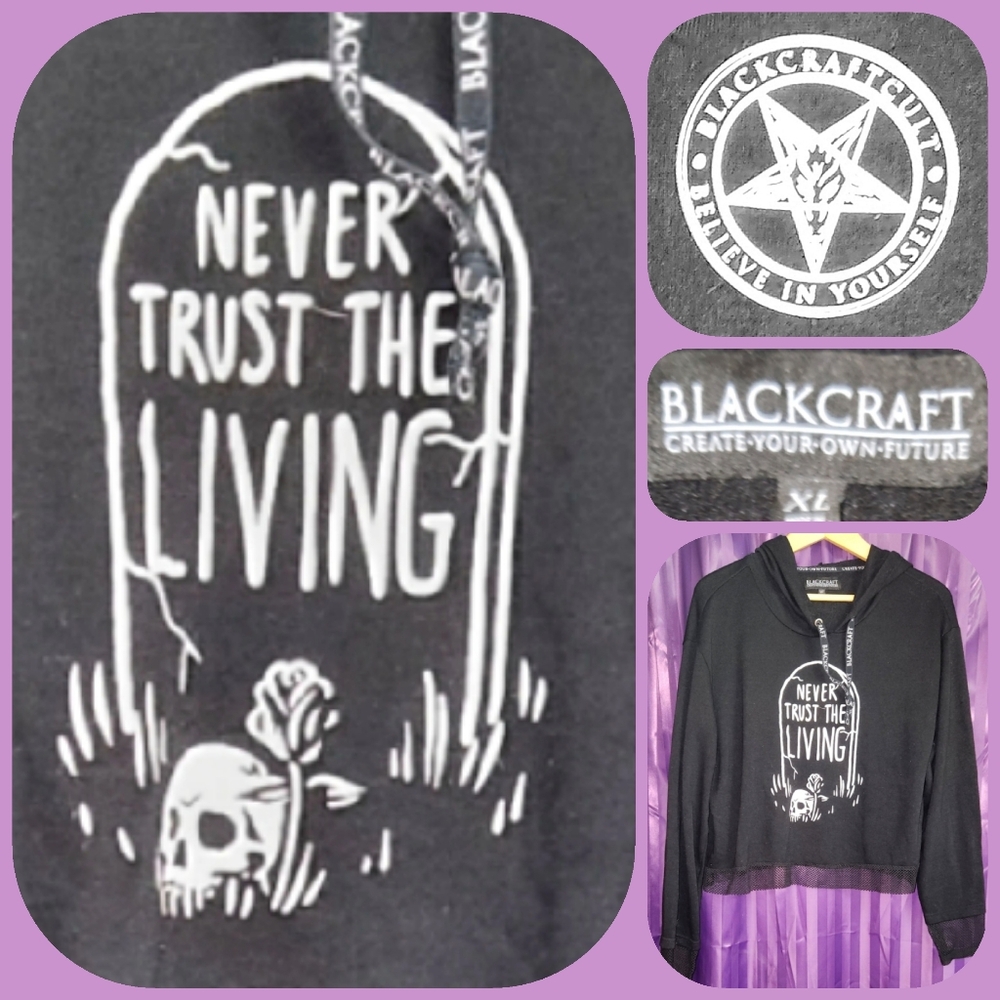 BLACKCRAFT Sz XL Black Never Trust the Living Cropped Hoodie with Thumb Holes